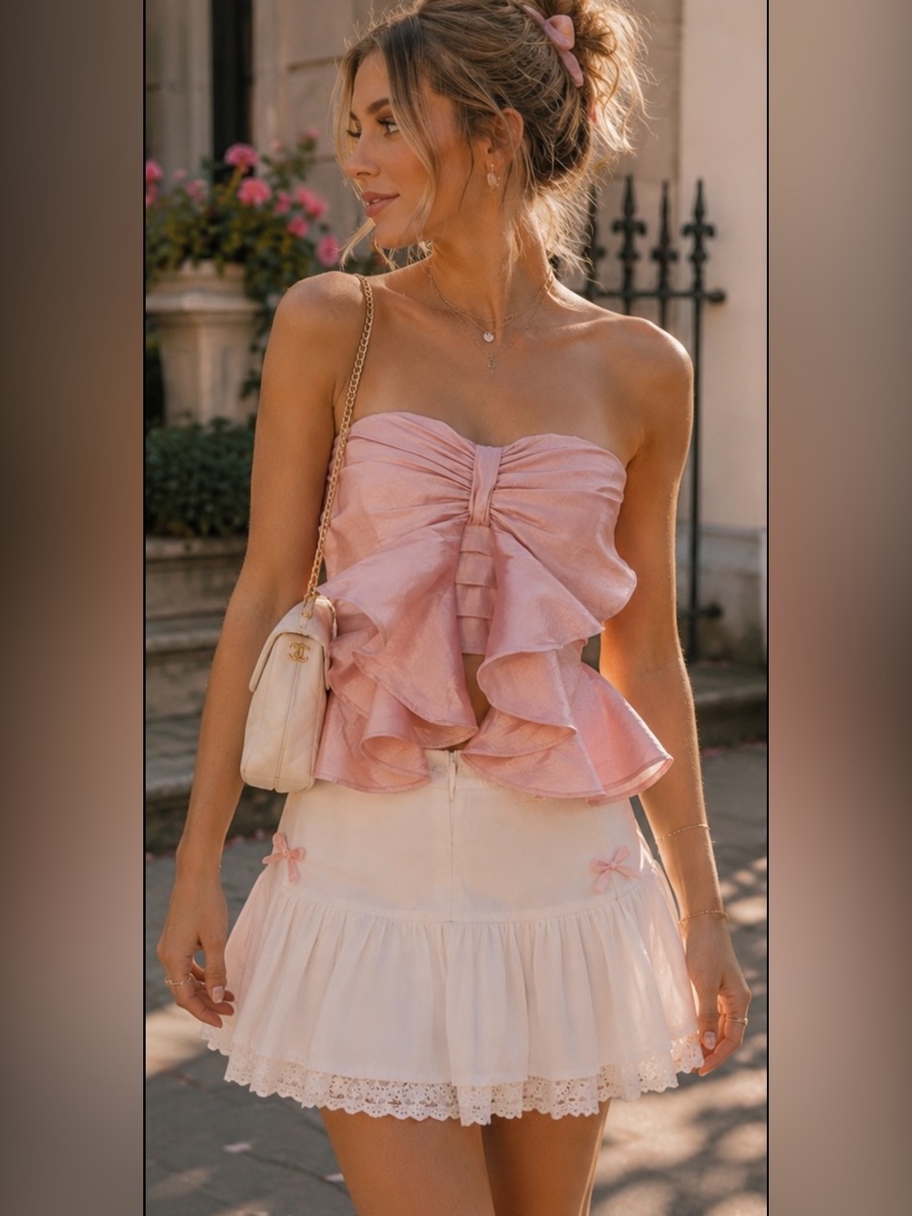 Forever 21 Pink Ruffle Strapless Top with White Lace Mini Skirt